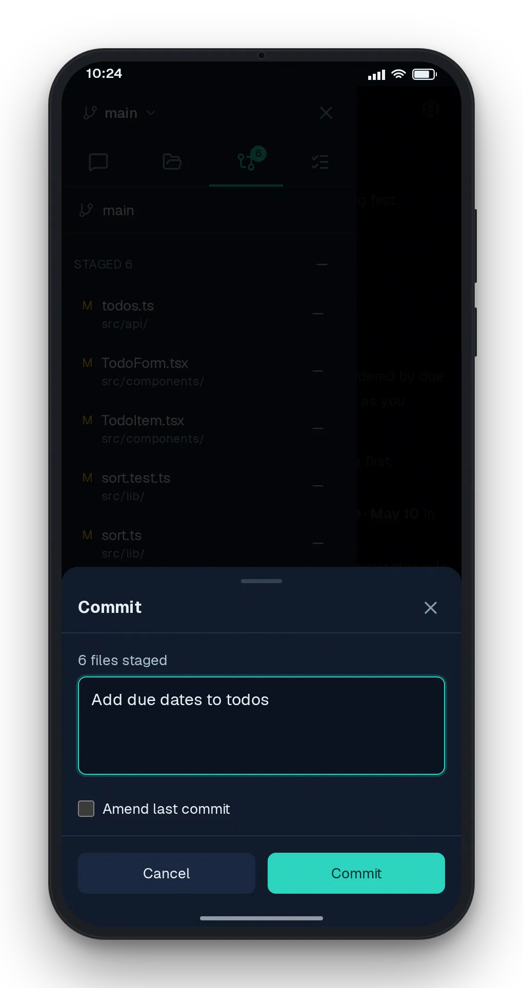 The Git commit sheet with the message Add due dates to todos