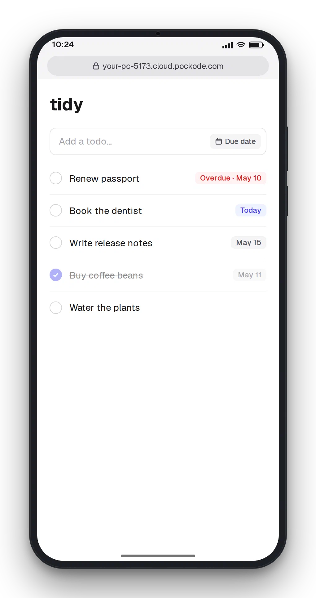 The todo app's dev server, opened on the phone with Port Preview